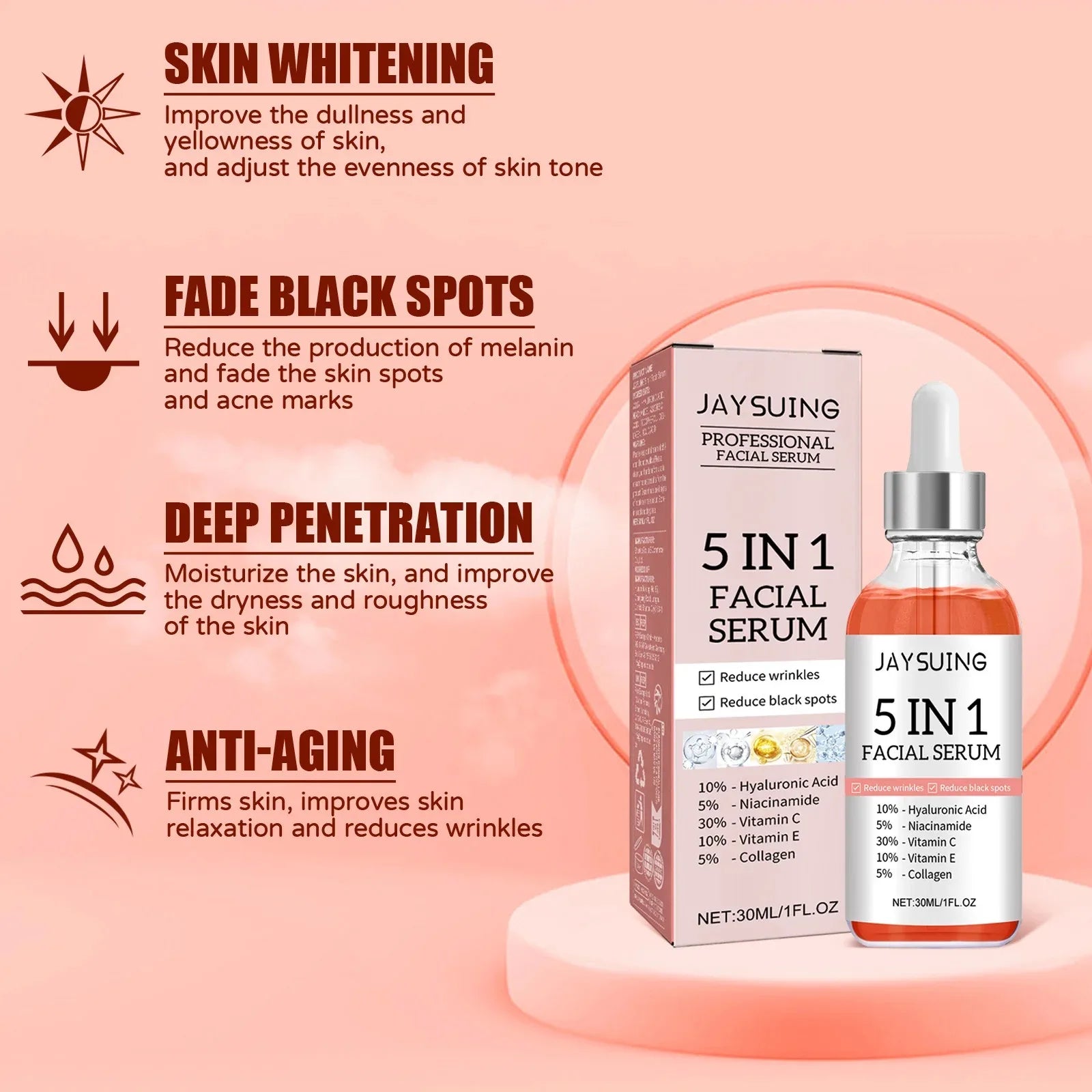 1/2/3Pcs 5 in 1 Facial Serum Fade Fine Lines Firming Skin Shrink Pore Moisturizing Brightning Hyaluronic Acid Retinol Face Serum
